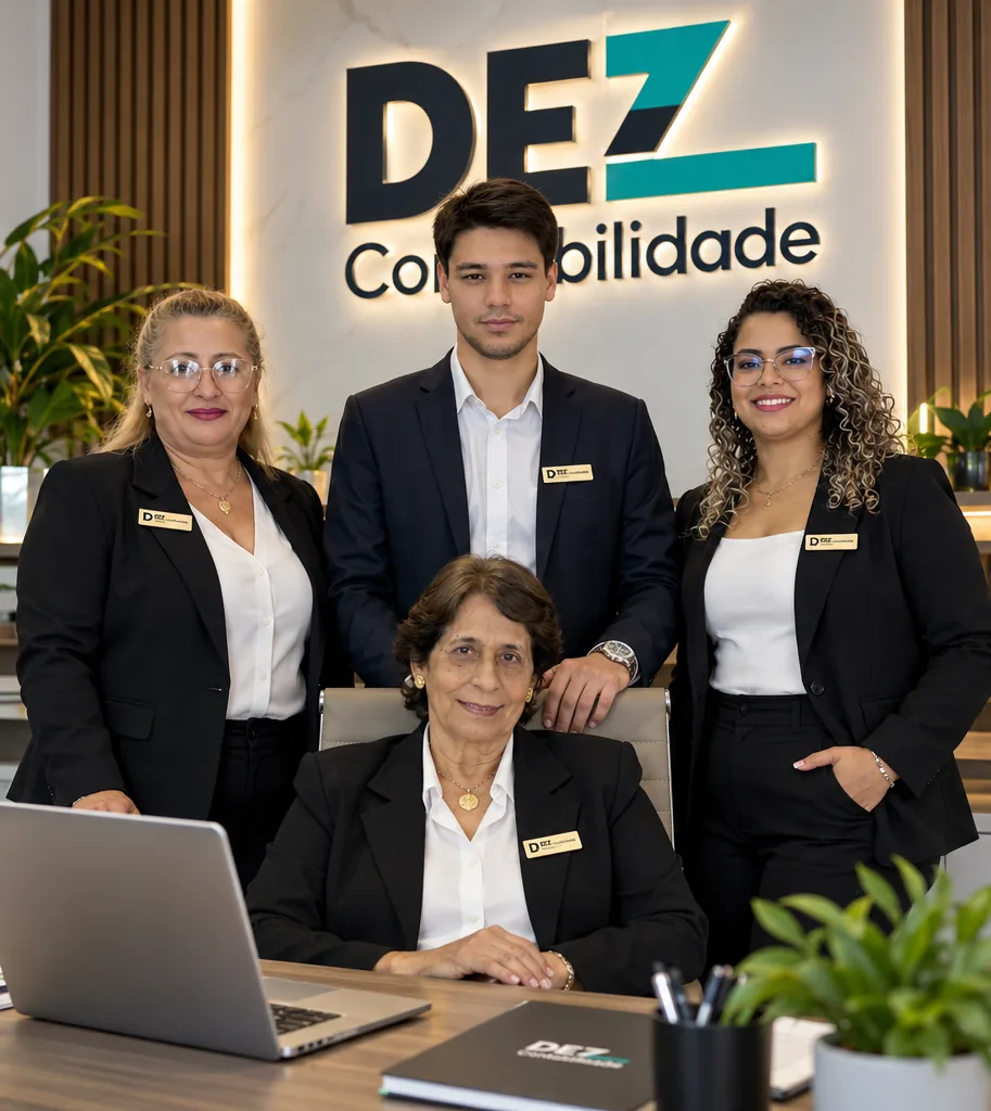 Equipe da DEZ Contabilidade reunida no escritório, diante do logotipo na parede
