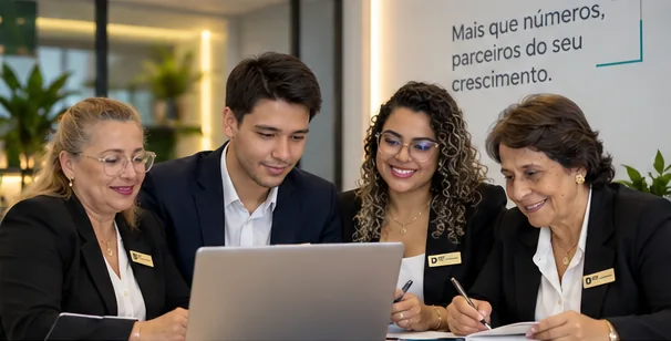 Equipe analisando informações em conjunto ao redor de um notebook